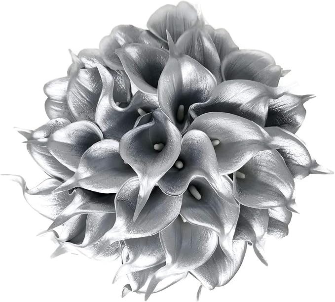 Floral Kingdom 20 Pack Artificial Calla Lily Flowers 14 Inch Silver Real Touch Faux Calla Lilies for Home Decor, Table Centerpieces, Living Room & Weddings