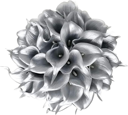 Floral Kingdom 20 Pack Artificial Calla Lily Flowers 14 Inch Silver Real Touch Faux Calla Lilies for Home Decor, Table Centerpieces, Living Room & Weddings