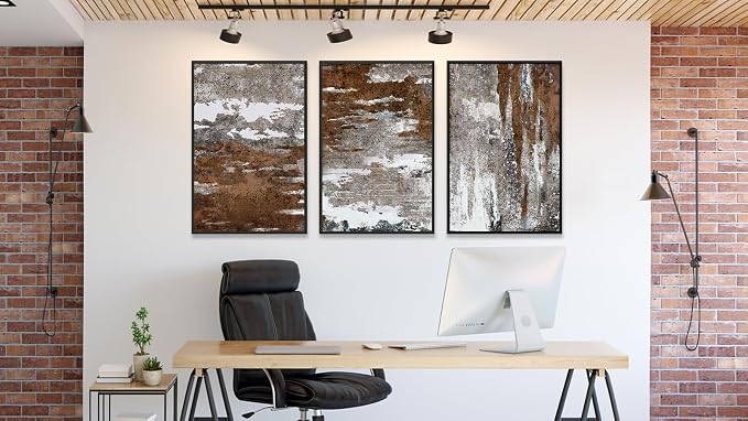 Large Framed Canvas Wall Art - Rustic Brown and White Abstract Pictures for Living Room Aesthetic Vintage Wall Decor Retro Prints for Bedroom Dinning Room Black Float Framed 20" X 28" X 3 pcs