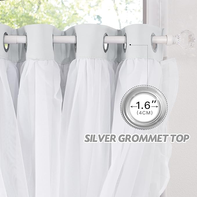 PONY DANCE Shabby Chic Curtains with Ruffle Sheer Overlay for Girls Bedroom, Double Layer Room Darkening Drapes,Farmhouse Rustic Design, 52" W x 95" L, Greyish White, 2 Pieces