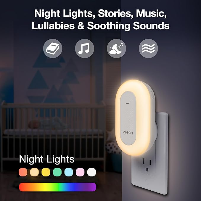 VTech BC8113 V-Hush Plug Sleep Training Soother with 40 Stories/Songs/Sounds & Record Your own Voice. Bluetooth Speaker, 250+ Multi-Color Night Light, No Batteries & No Cords Required