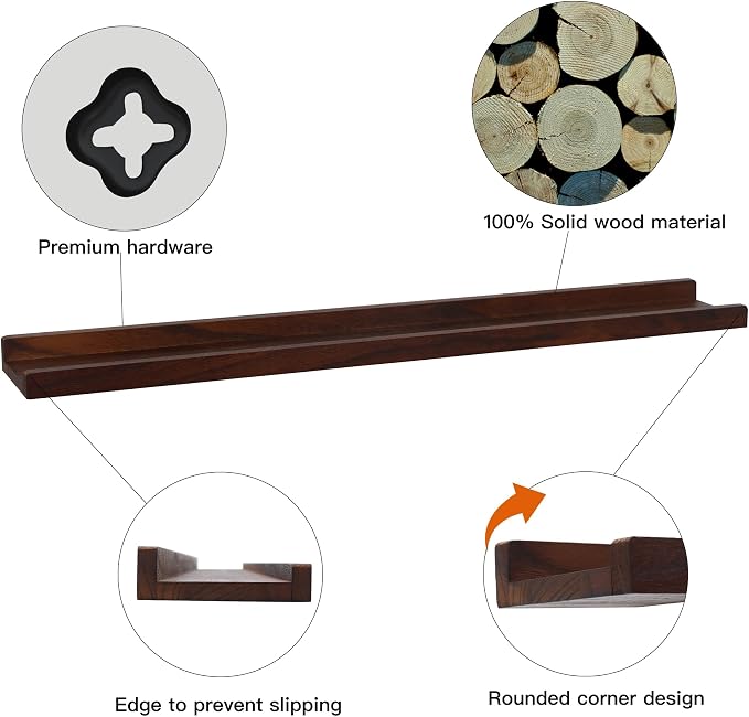 Long Floating Shelves Set of 4,Wood Picture Shelf for Wall with Ledge,Photo Frames Display Shelves Wall Mounted Rustic for Living Room Bedroom Kids Nursery,Home Decor Dark Walnut (36 Inches )