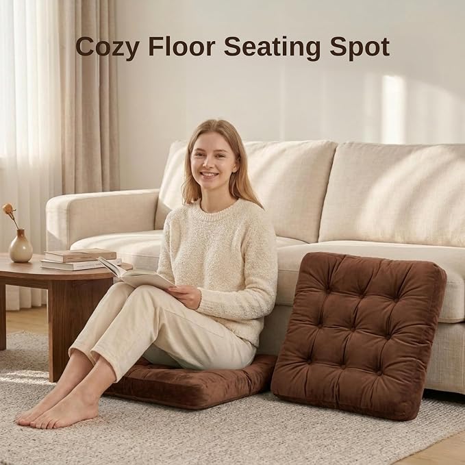 Floor Pillows for Adults Set of 2, Soft Velvet Floor Cushions for Sitting, Square Tufted Floor Pillow Set for Reading Nook, Living Room, Bedroom, 22 x 22 Inch, Brown