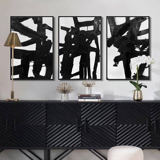 SAFERRYHOME Black And White Abstract Textured Wall Art, 3 Pieces Modern Canvas Prints Paintings, Minimalist Wall Decor Picture, Black Line Stroke Artwork for Living Room, Bedroom, Office, 16"x24"