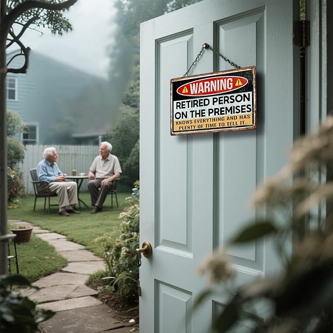 Funny Retirement Gifts for Men & Women - Warning Retired Person On Premises Sign - Teacher Retirement Party Decorations - Vintage Happy Retirement Metal Signs Personalized Door Sign 8x12 Inches