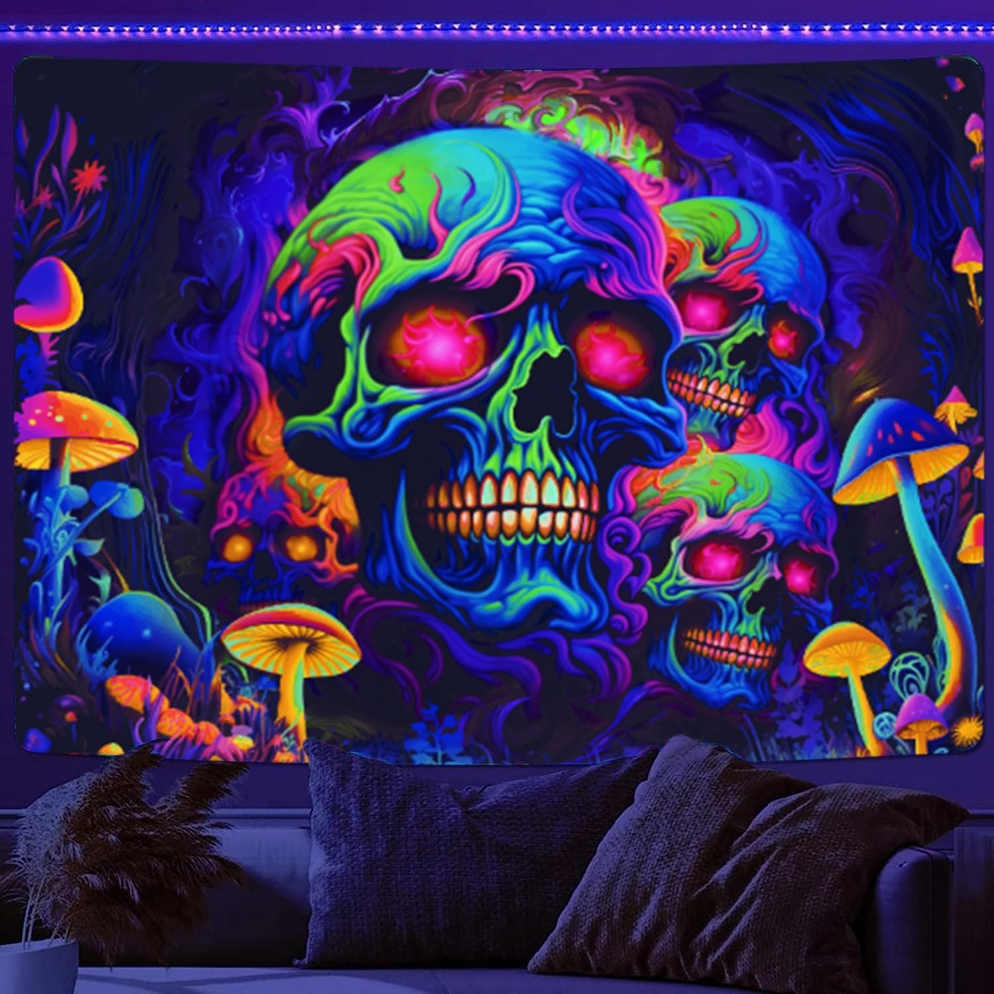 Skull Blacklight Tapestry, UV Reactive Skeleton Tapestry Trippy for Bedroom, Black Light Posters for Adults, Halloween Horror Wall Glow in Dark Tapestry Aesthetic Living Room Dorm Decor 60x51IN