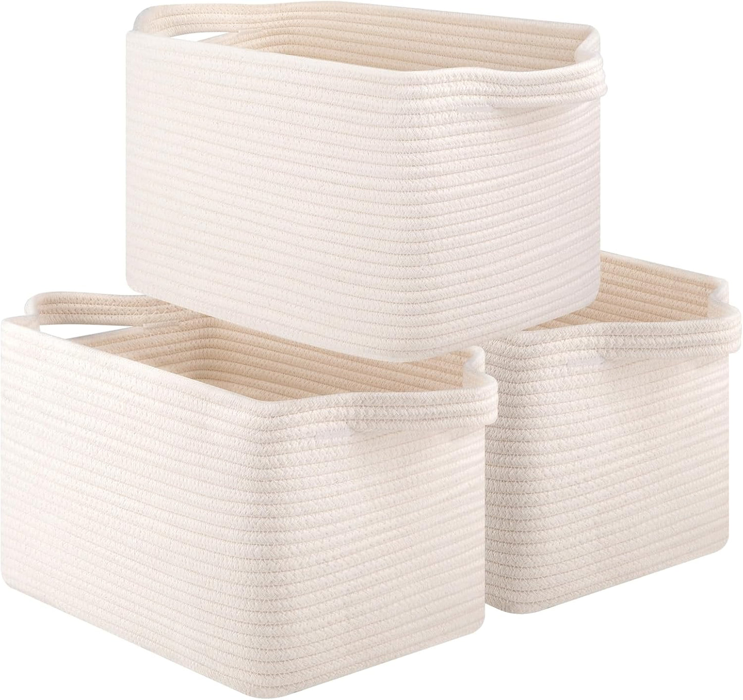 Storage Basket for Organizing, Woven Baskets for Storage, Rectangle Decorative Baskets for Shleves, Closet, Toys, Books, Nursery Organizer Bins - Pack of 3 (White)