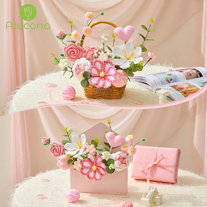 Alecono Large Crochet Flower Bouquet, Pink Knitted Flowers, Crochet Tulip Galsang Flower for Valentines Day Lover Anniversary Birthday Party Mother's Day Graduation Gifts (Include Card)