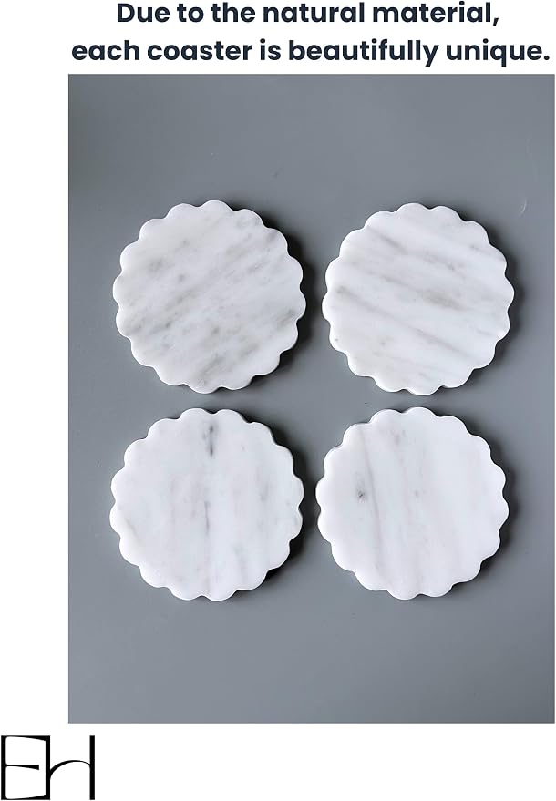 Marble Coasters Set of 4, Handcrafted Drink Protectors,Natural Stone Coaster Bar & Table Decor, Modern Desk Aesthetic Accessories, Non-Slip Luxury Gift (Calacatta White Wave Scalloped)
