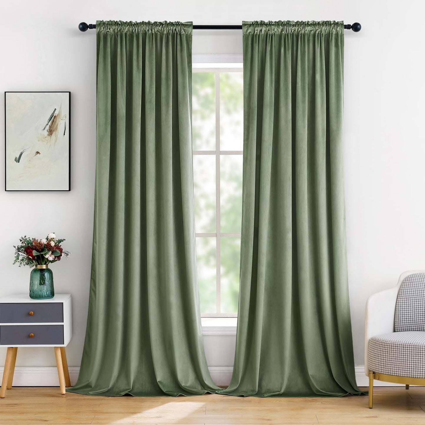 MIULEE Velvet Curtains Sage Green Thermal Insulated Blackout Curtain Drapes for Bedroom Living Room Darkening 108 Inches Long Curtains Panels Rod Pocket Set of 2