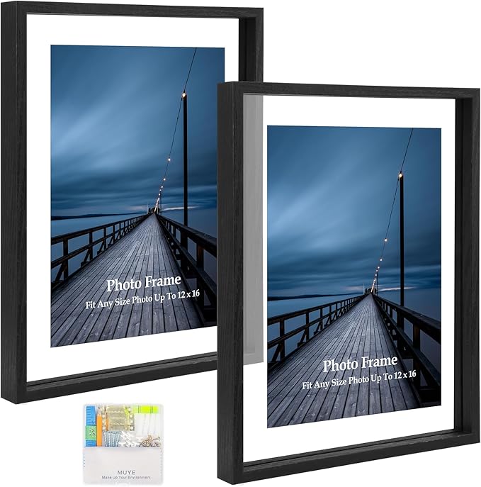 MUYE 12x16 Floating picture Frames Set of 2,Double Glass Frame,Display Any Size Photo up to 12x16,Wall Mount or Tabletop Standing,Black