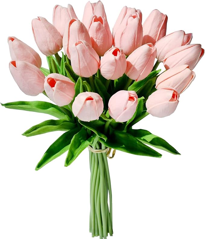 Mandy's Light Pink Artificial Tulips Flowers Centerpiece, 13.5" Lifelike PU Fake Floral Stems 20pcs for Kitchen Island & Dining Table, Spring Decor for Easter