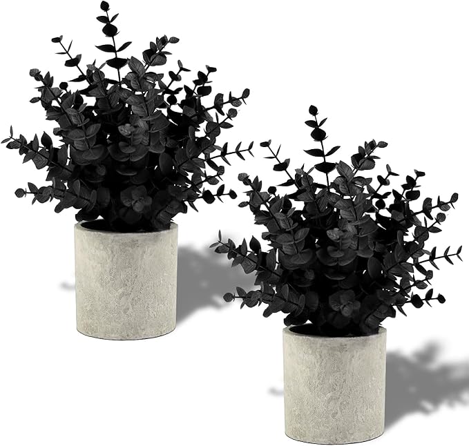Coferset 2 Pack Black Fake Eucalyptus Small Fake Plants Potted Artificial Plants for Halloween Shelf Desk Home Farmhouse Room Coffee Table Decor Bathroom Decor (Black)