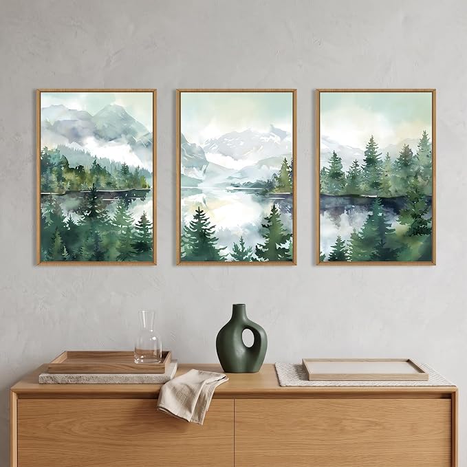 Watercolor Mountain Framed Canvas Wall Art Set,Green Forest Lake Wall Decor,Nature Boho Pine Tree Wall Painting,Foggy Wilderness Landscape Artwork for Living Room,Bedroom,Office-24 x36 x3