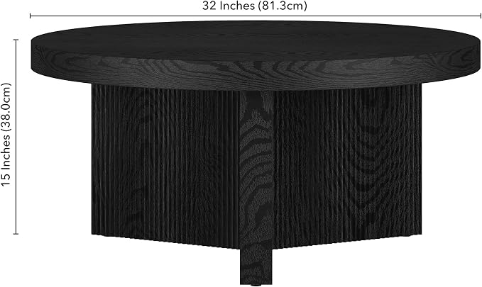 Henn&Hart 32" Fluted Round Low-Profile Coffee Table with Ribbed Pedestal Base for Living Room, Family Room, Office, or Apartment, Natural Black