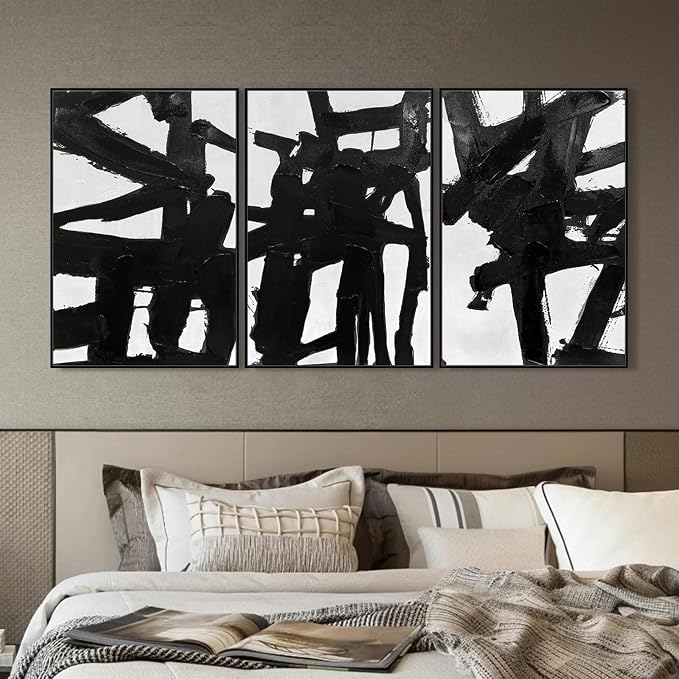 SAFERRYHOME Black And White Abstract Textured Wall Art, 3 Pieces Modern Canvas Prints Paintings, Minimalist Wall Decor Picture, Black Line Stroke Artwork for Living Room, Bedroom, Office, 24"x36"x3