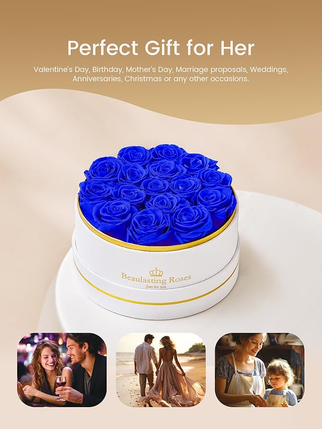 16 Preserved Roses Forever Flowers Real Roses in a Box Mother's Day Birthday Flowers for Her Mom Women Wife Valentine's Day, Royal Blue Roses