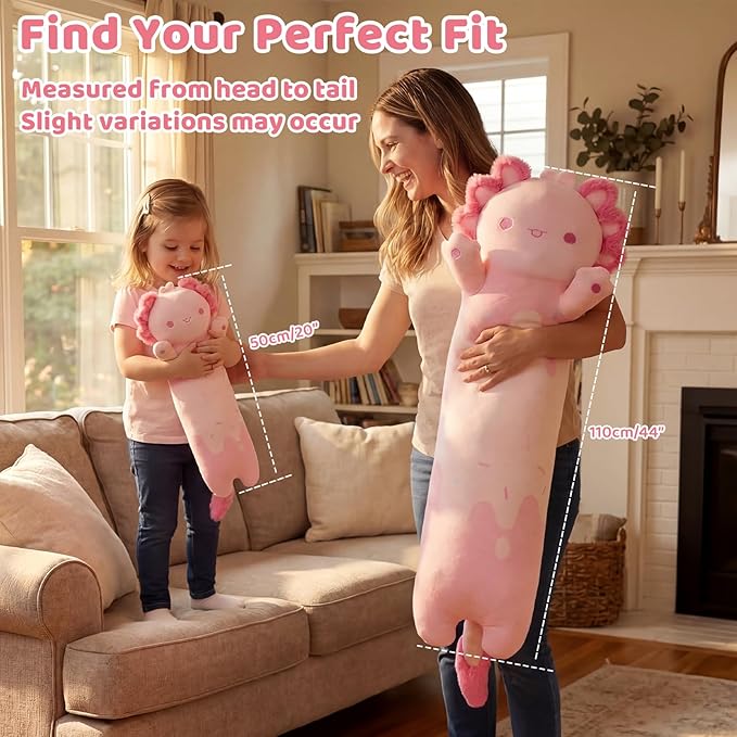 Mewaii Long Axolotl Plush 5 Sizes, 120% Extra Filling Giant Plushness Kids Body Pillow, Kawaii Cute Pink Axolotl Stuffed Animals Plushies, Big Long Body Pillow Cat Plush Gift for Girls 20”