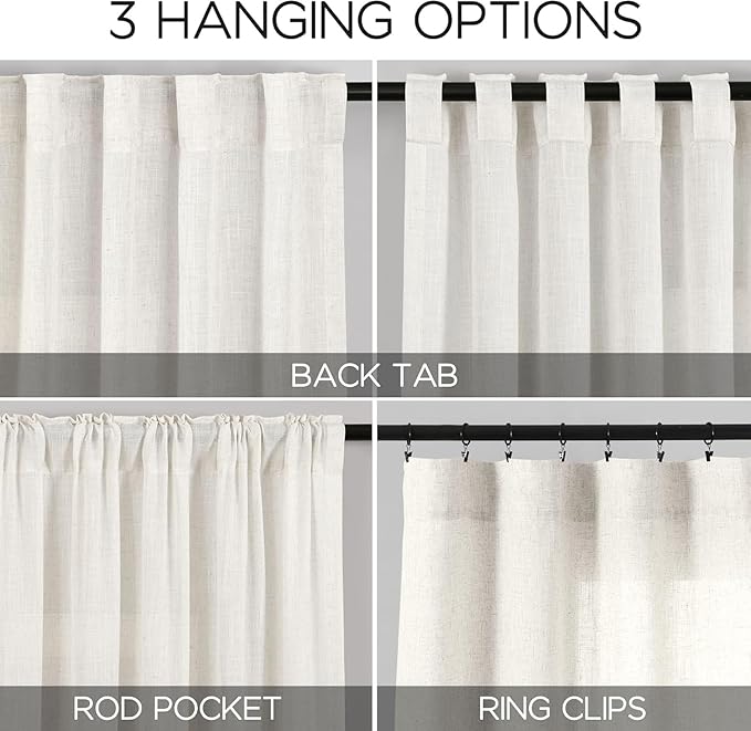 Nanspring Beige White 102 Inch Linen Curtains for Living Room Back Tab Rod Pocket Privacy Semi Sheer Light Filtering Curtains Coastal Decor Soft Long Curtain for Bedroom, 2 Panels 60x102