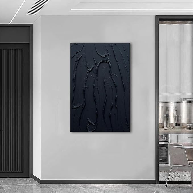 zoinart Hand Painted Pure Black Wall Art Minimalist Oil Painting 24x36 Inches Vertical Thick Textured Wall Art Home Office Decoration