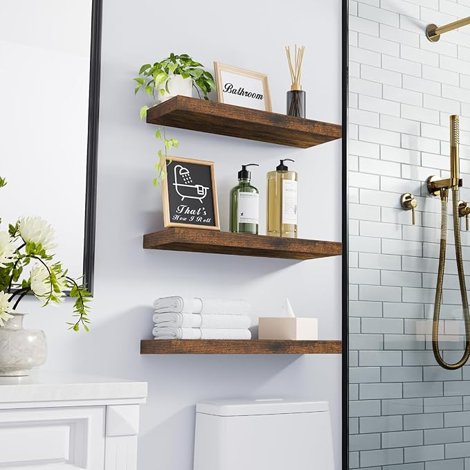 BAYKA Floating Shelves Bathroom for Wall – Shelf Over Toilet Farmhouse Rustic Wood for Bedroom, Kitchen, or Living Room Decor Organization, Bathroom Decor Shelves – Rustic Brown, Set of 3