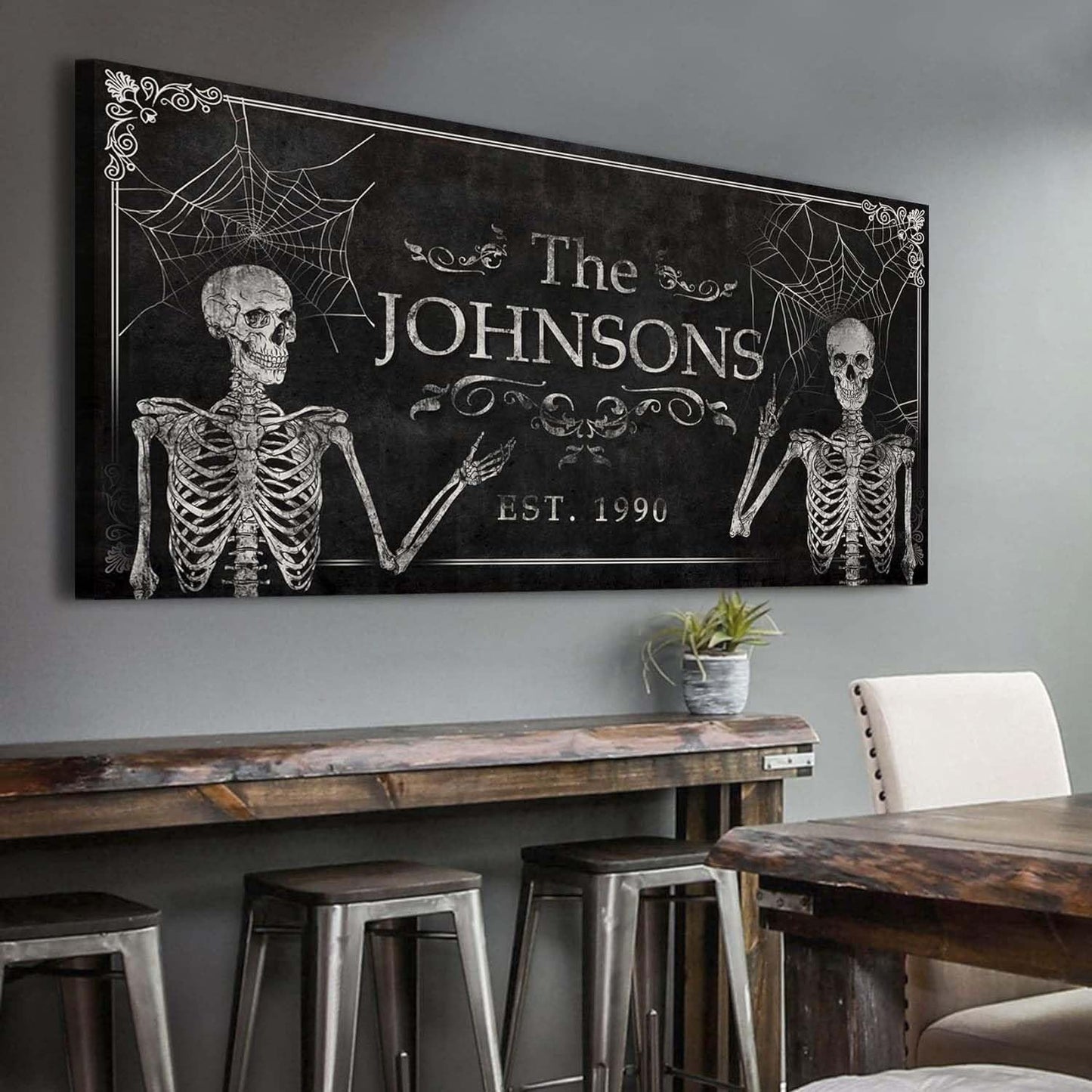 Tailored Canvases Gothic Family Wall Decor - Personalized Grunge Vintage Skeleton Room Decor for Home, Halloween Lovers, Men & Women for Bedroom, Living Room - Custom Couple Name, White Print, 48"x24"