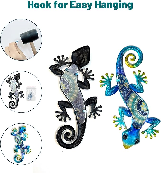 HONGLAND Metal Gecko Wall Art 2Pcs Outdoor Wall Decor 12 Inch Lizard Metal Hanging Wall Decoration Glass Sculpture for Garden Yard Patio Fence Home (Boho Blue)