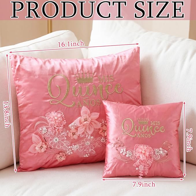 Mixweer 2 Sets/ 4 Pcs Cojines Pink Quinceañera Pillow Set 2 Pcs Quinceañera Embroidered Pillow Decorative with 2 Covers Cojines para 15 Años De Quinceañera Wedding Decorations Mis Gifts