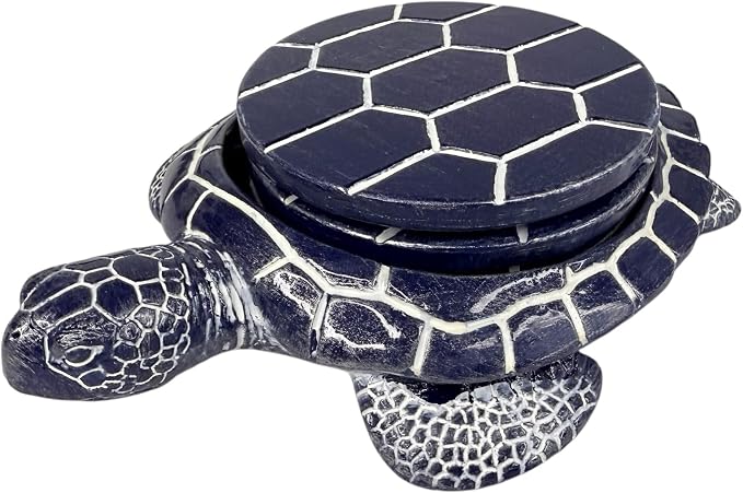 Sea Turtle Coaster Set - Coastal Ocean Beach Decor - Rustic Nautical Navy Blue and White Finish