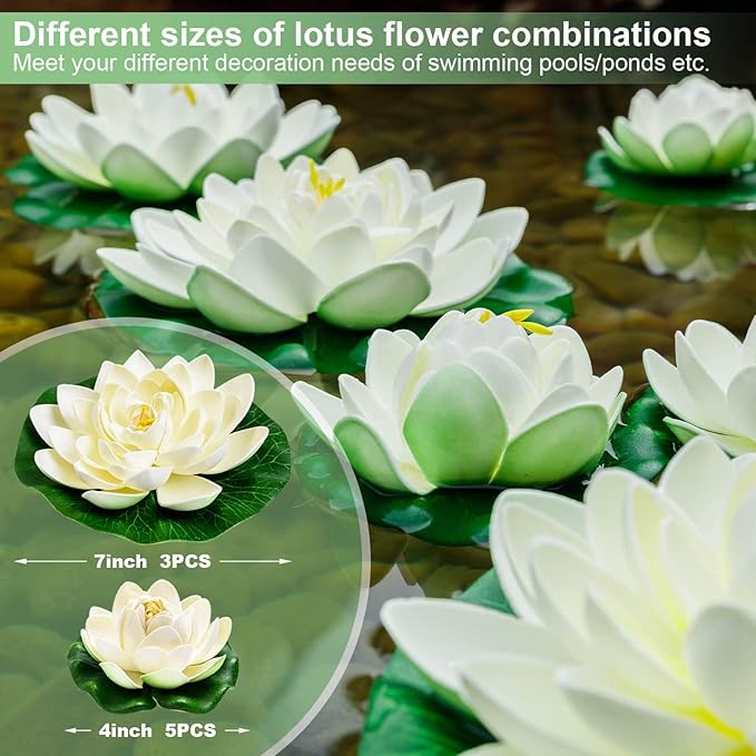 8Pcs Artificial Lotus Flower Decor, 7inch & 4inch Floating Foam Lotus Flowers, Outdoor Pond Plants, Water Lily Pads Decoration