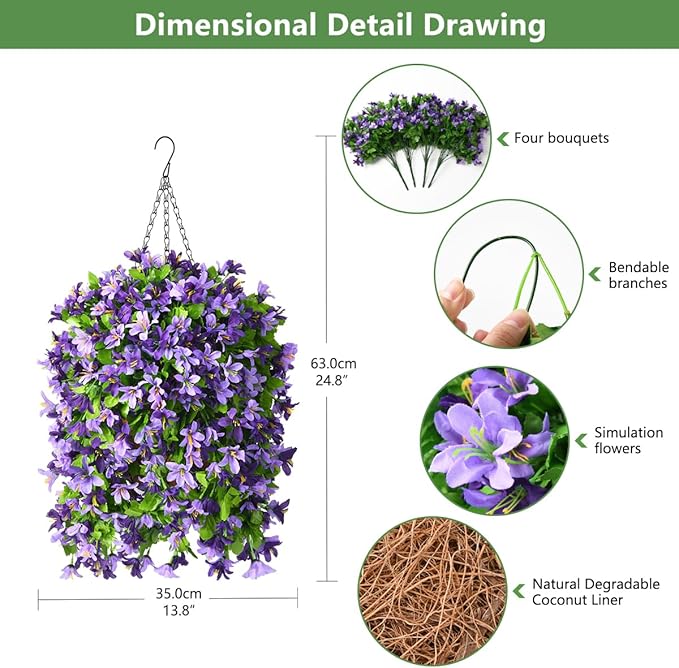 INQCMY Artificial Hanging Flowers in Basket for Outdoor Spring Summer Decoration,4pcs Faux Silk Violet in Planter UV Resistant for Outside Home Patio Garden Porch Deck Decor(Purple Orchid)