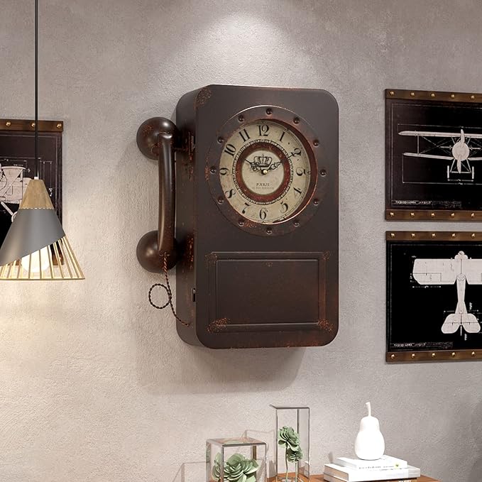 Abdurey Retro Old Telephone Wall Clock with Hidden Safe, Battery Operated Quartz Metal Wall Clocks, Large Rectangular Vintage Decor Clocks, for Farmhouse, Living Room(16" H x 12" W x 4" D)