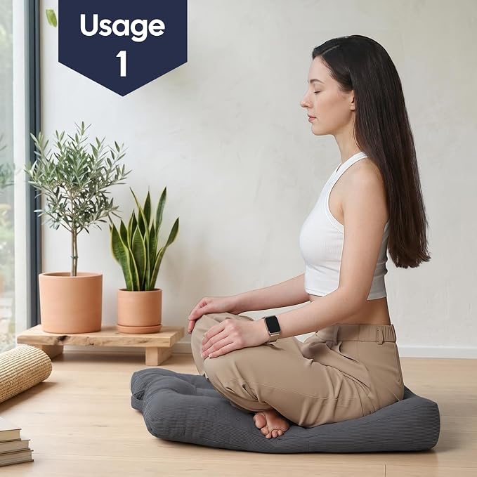Meditation Cushion, Large Meditation Mat and Pillow for Sitting on Floor, 2-in-1 Portable Yoga Pillow, Tufted Corduroy Zabuton Cushion for Kneeling and Sitting and Knee Support, Dark Grey