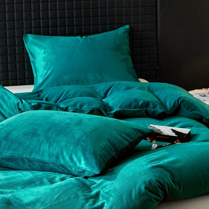 WARMDERN Teal Blue Flannel Velvet Duvet Cover King Size Duvet Cover Bedding Sets, 3pcs Ultra Soft Luxury Textured Modern Crystal Velvet Duvet Covers with Zipper Closure(Teal Blue, King)