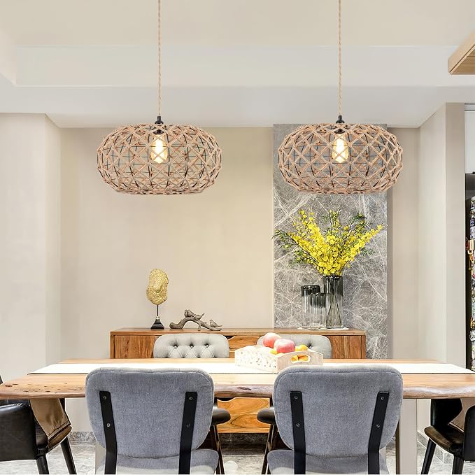 Coastal Large Woven Plug in Pendant Light with 14ft Handmade Woven Light Cord, Rustic Handmade Hemp Rope Hanging Lamp for Bedroom Kitchen Island Farmhouse Dining Room Living Room,17.8 inch Width
