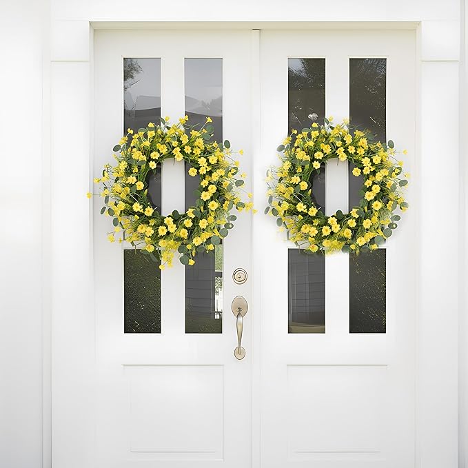 Pinkpum 22 Inch Yelllow Daisy Eucalyptus Wreath, Artificial Spring Summer Floral Wreath for Front Door, Farmhouse Wedding Wall Window Decor
