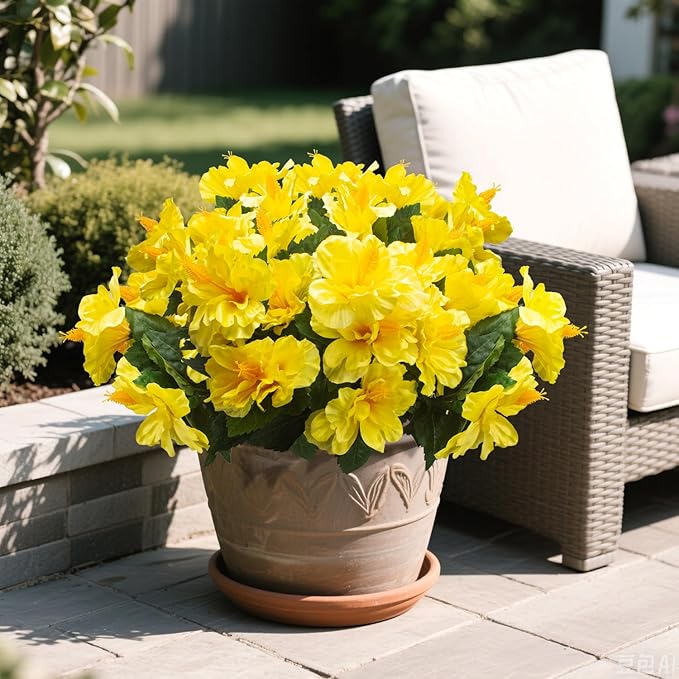Grunyia Artificial Hibiscus Flowers 5 Bundles, UV Resistant Fake Tropical Flowers Realistic Silk Blooms for Outdoor Planter Garden Patio Porch Window Box Home Decor (Yellow)