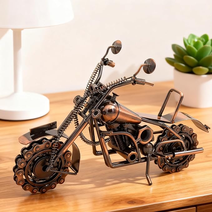Motorcycle Gifts for Men Women, 12" Metal Motorcycle Sculpture, Fathers Day Birthday Gift for Dad Husband Biker Enthusiasts, Industrial Man Cave Home Garage Office Decor