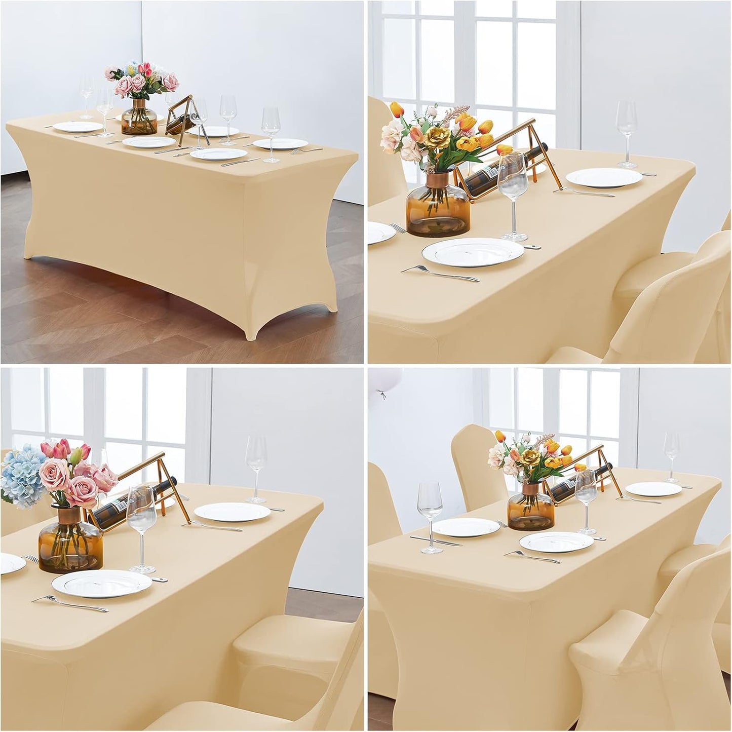 CWK 6FT Stretch Spandex Table Cover for Rectangular Tables - Elastic Fitted Tablecloth for Folding Tables,Wrinkle Resistant Table Cloth for Parties, Weddings, Banquets & Events (Champagne)