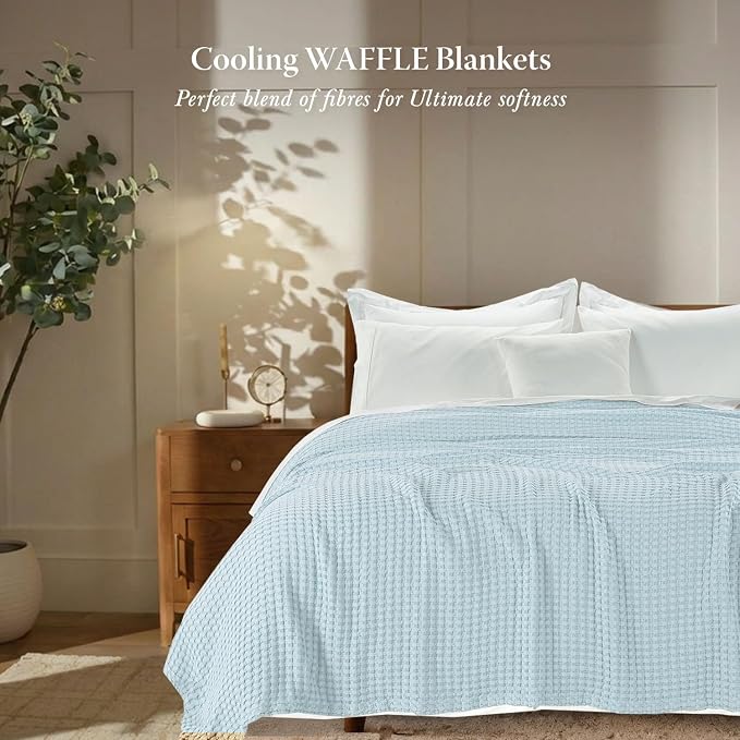 Threadmill Cooling Blanket Twin Size Waffle Weave| Breathable, Lightweight & Ultra-Soft | Made from Rayon Derived from Bamboo | Waffle Throw for Couch and Sofa | 68 x 92 Inches | Light Blue