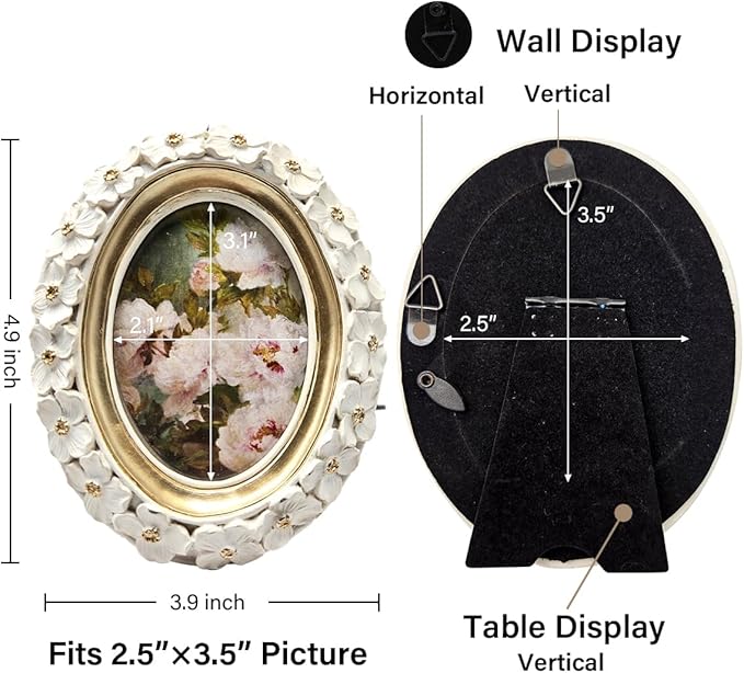 SYLVIA'S SHOP 2.5x3.5 Small Vintage Oval Picture Frame, Mini Antique White Ornate Photo Frame, for Tabletop and Wall Display, Decorative Floral Design Retro Home Decor, Photo Gallery Art