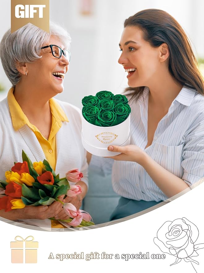 Beaulasting Long Lasting Preserved Roses in a Box Last a Year Forever Flowers for Her Mom Wife Anniversary Birthday (Round White Box, Blackish Green)
