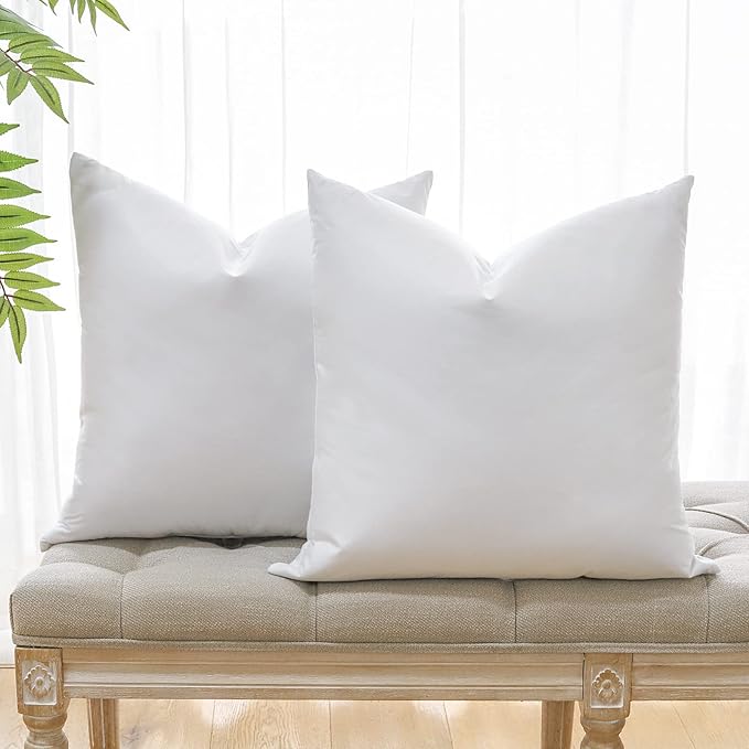 OTOSTAR Pack of 2 Down and Feather Throw Pillow Inserts, 22 x 22 Soft Fluffy Square Pillow Inserts with 100% Cotton Cover Decorative Pillows for Sofa Couch Bed-White