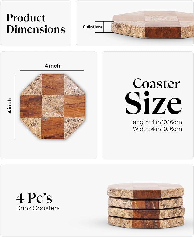Marble Coasters Set of 4, Coral and Red Handmade 4 inch Star Natural Marble Coaster, Elegant Drink Checkered Coasters for Coffee Table, Stylish Bar Accessories & Home Décor