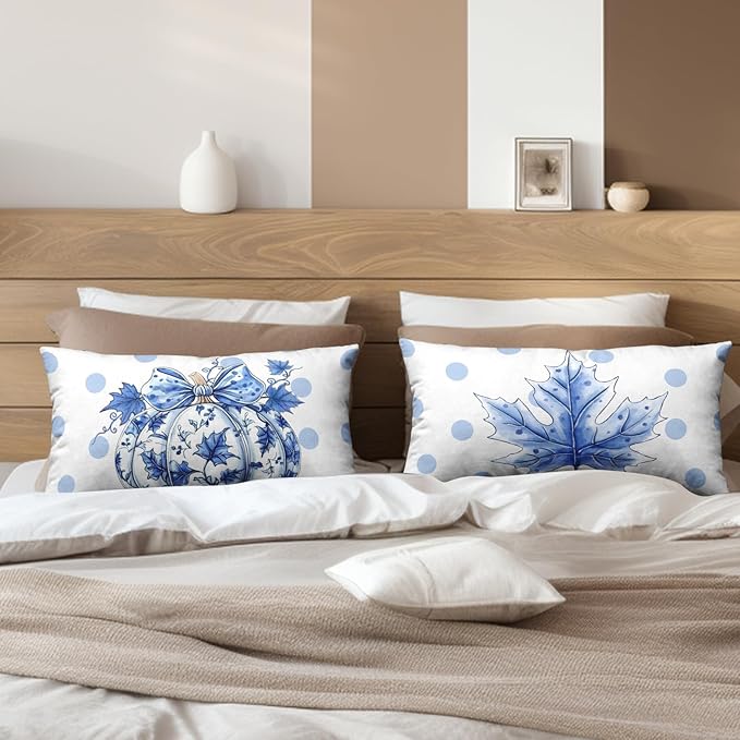 Fall Lumbar Pillow Covers Blue and White Porcelain Maple Leaf Pumpkin Throw Pillow Covers 12x20 Set of 2 Autumn Blue Polka Dot Pillowcase Thanksgiving Cushion Case for Couch Sofa
