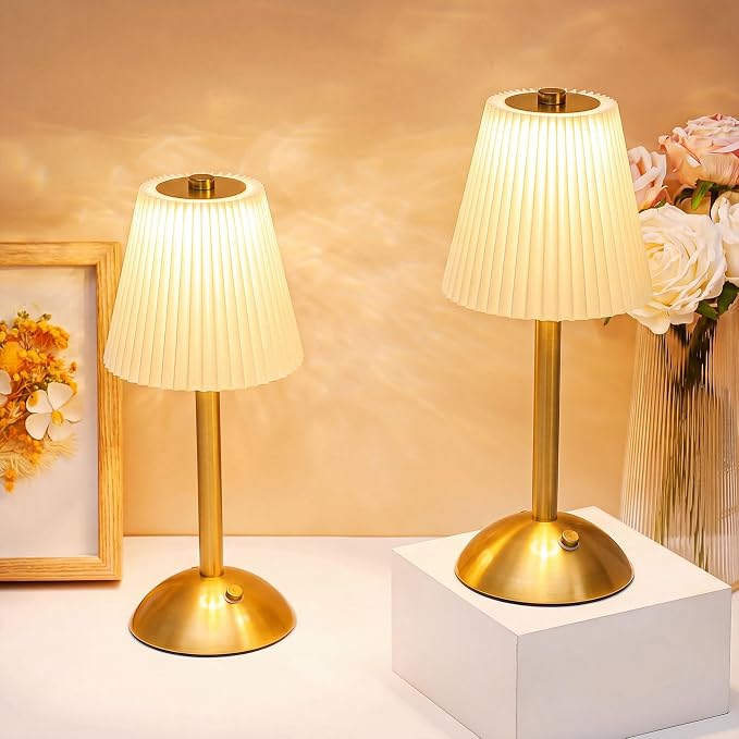 Liliful 1 Pcs Cordless Table Lamp Rechargeable Touch LED Small Gold Portable Battery Operated USB-c Desk Lamp 3 Color Dimmable for Bedroom Living Room Dining (Gold,Beige Cloth Style)