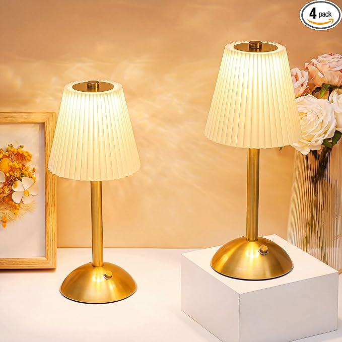 Liliful 4 Pcs Cordless Table Lamp Rechargeable Touch LED Small Gold Portable Battery Operated USB-c Desk Lamp 3 Color Dimmable for Bedroom Living Room Dining (Gold,Beige Cloth Style)