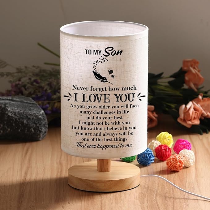 WSYEAR Gifts for Son from Mom Dad- Son Gifts from Mom Fabric Wooden Desk Lamp Gifts for Adult Son Graduation Gifts, to My Son Birthday Gifts