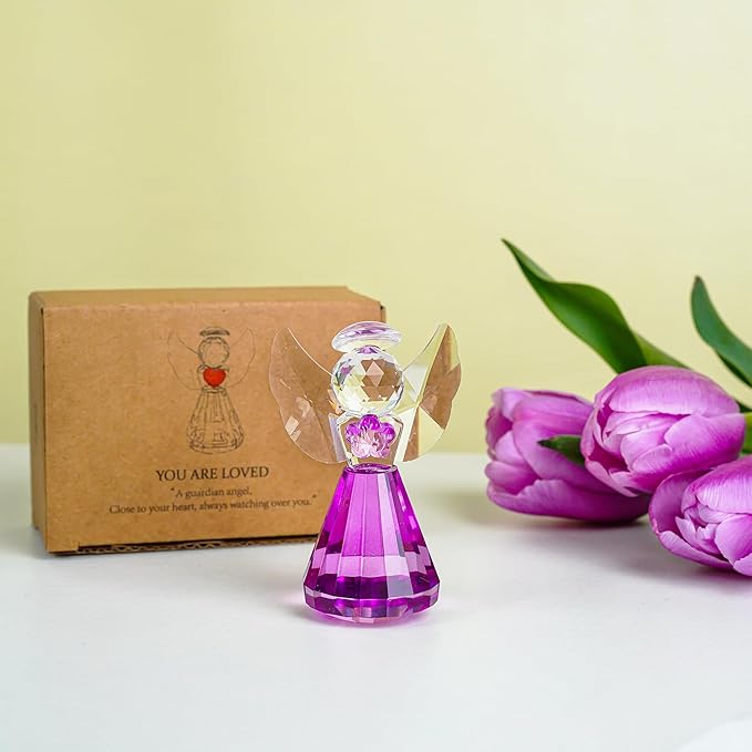 HDCRYSTALGIFTS 3'' Purple Crystal Guardian Angel Figurine Gifts for Women,Art Glass Angel Ornaments Statue Collectibles Home Decor