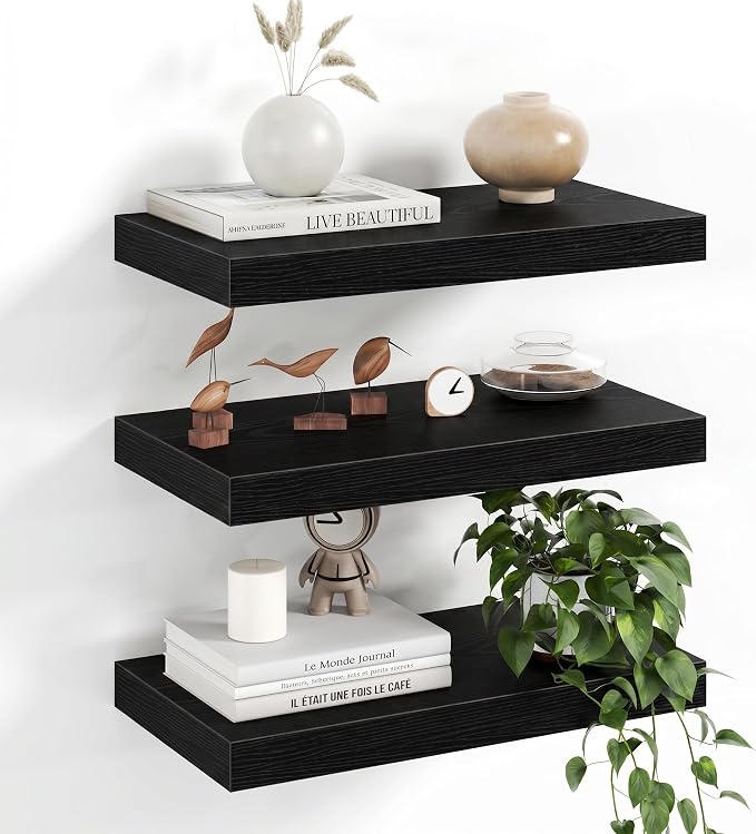 Fun Memories 16Inch Floating Shelves for Wall, 8 Inch Deep Shelves for Bathroom|Bedroom|Kitchen Wall Mounted, Wood Hanging Shelf with Invisible Brackets for Home Storage Decor, Black - 3 Pack